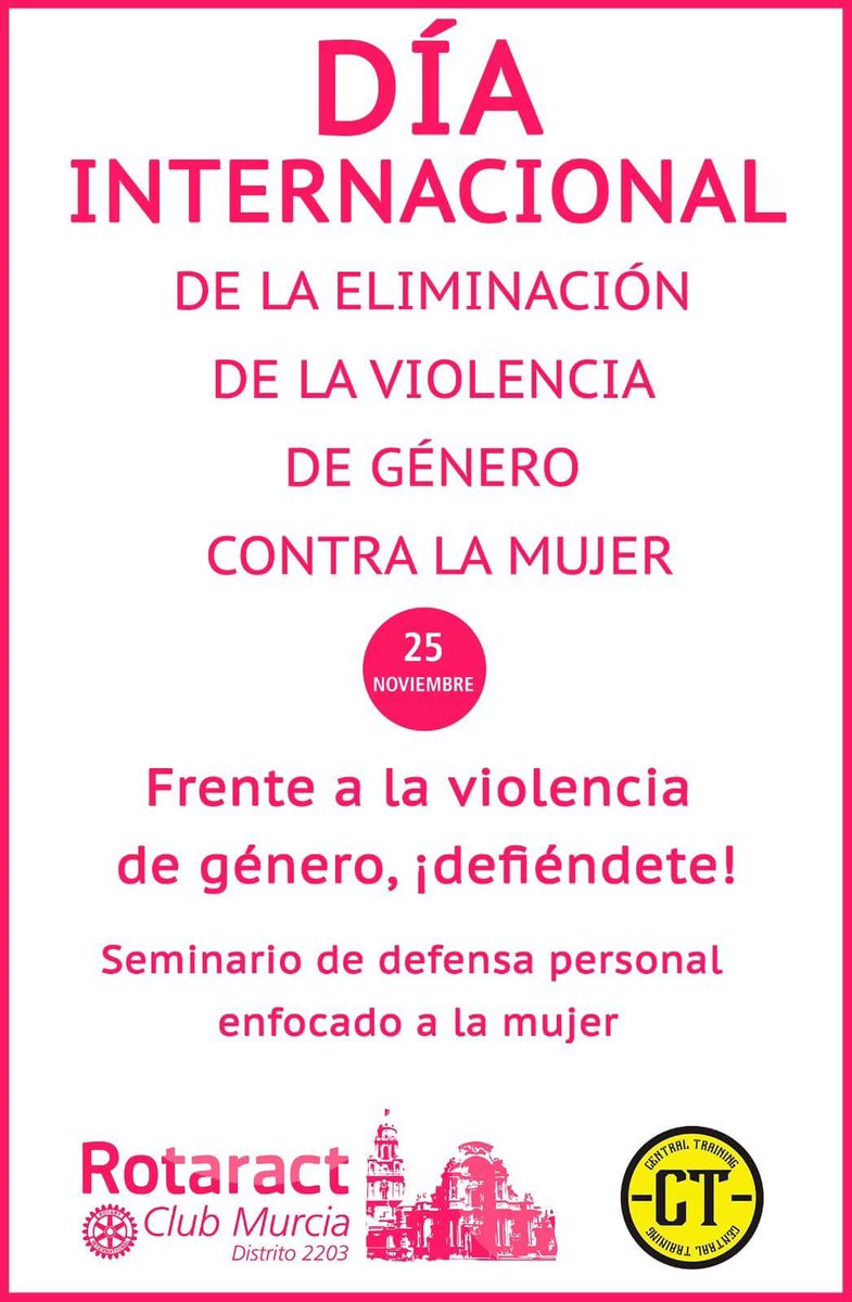 RotaractMurcia's tweet photo. ¿Te has apuntado ya?

Rotaract Murcia celebrará el 25 de Noviembre un seminario de defensa personal orientado a la mujer en el dia internacional de la eliminación de la violencia de género contra la mujer.

Con una donación de 5€ apoyarás los proyectos navideños de Rotaract. https://t.co/zxMbhNkrcA
