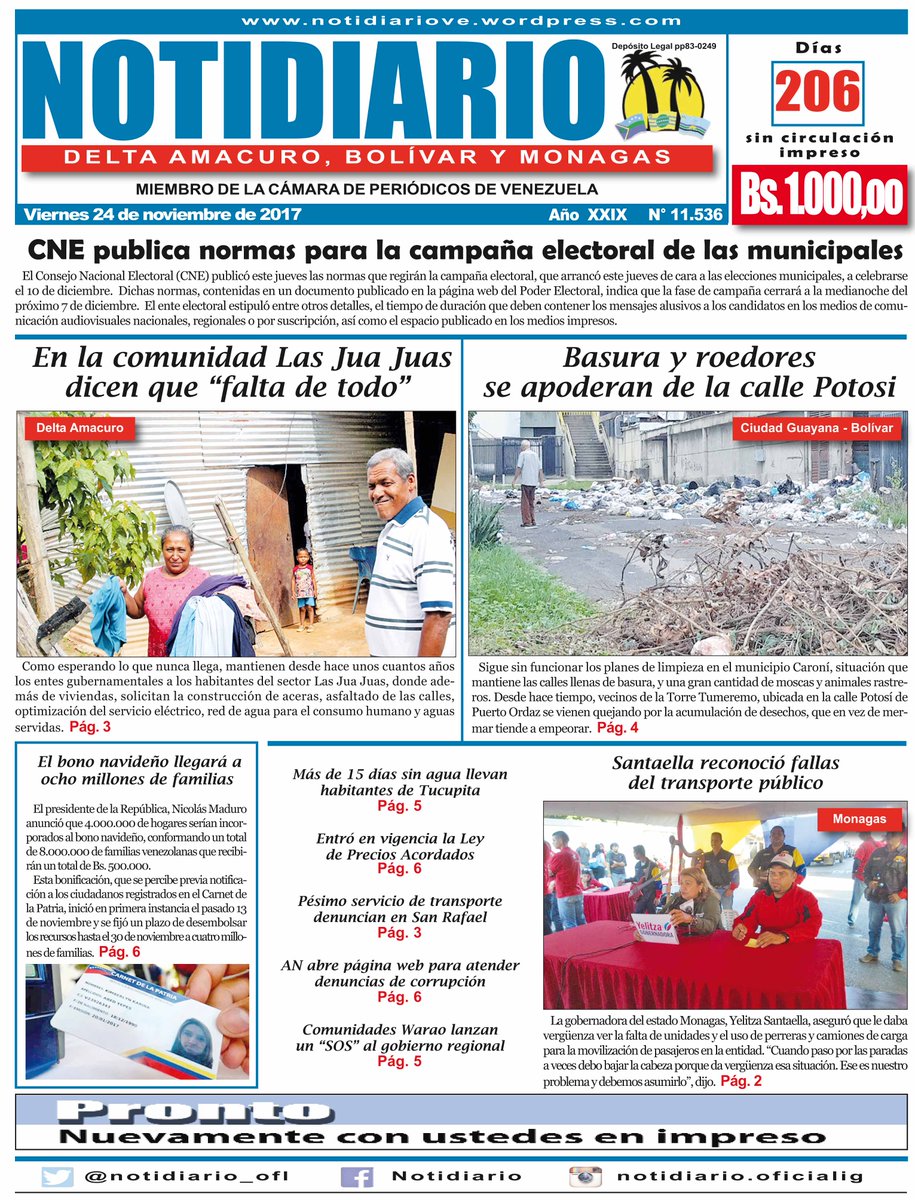 vieneimpreso's tweet photo. #24Nov Notidiario de Delta Amacuro: CNE publica normas para la campaña electoral de las municipales https://t.co/pqkKe95vt4