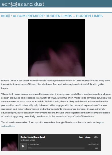 The kind folk at <a href="/echoesanddust/">Echoes And Dust</a> and premiering <a href="/chadmarkmurray/">Chad Murray</a>/ Burden Limbs - Demo in full ahead of release!
Listen >> echoesanddust.com/2017/11/album-…