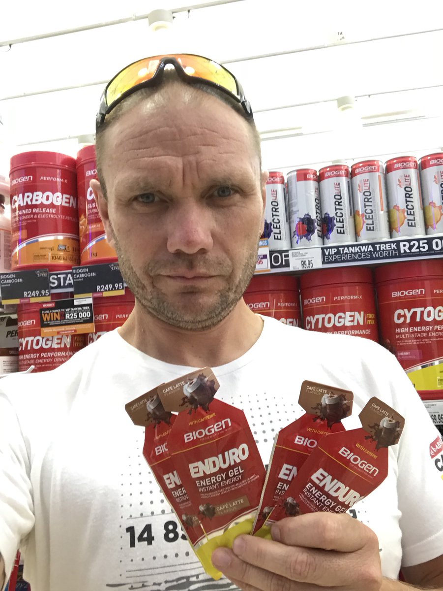 ZABateman's tweet photo. As good as a real Latte and bigger kick, stocking up on my favourite gel. @BiogenSA @Momentum_za @DrylandZA #TANKWATREKVIP https://t.co/t8TW3iErRy