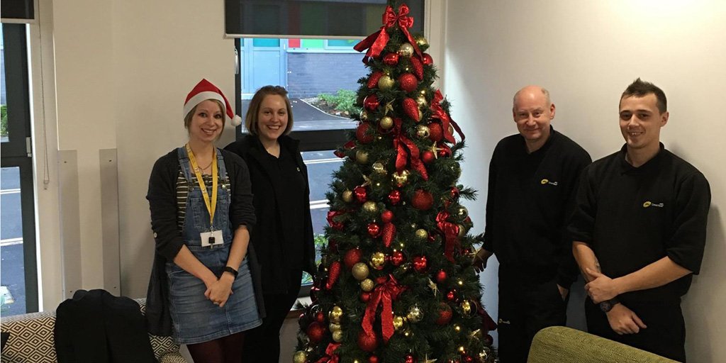 RMHCUK's tweet photo. Christmas has come early to Ronald McDonald House Cardiff, thanks to a donation of Christmas trees and decorations from kind supporters PHS Greenleaf! https://t.co/SzLsQThA1W
