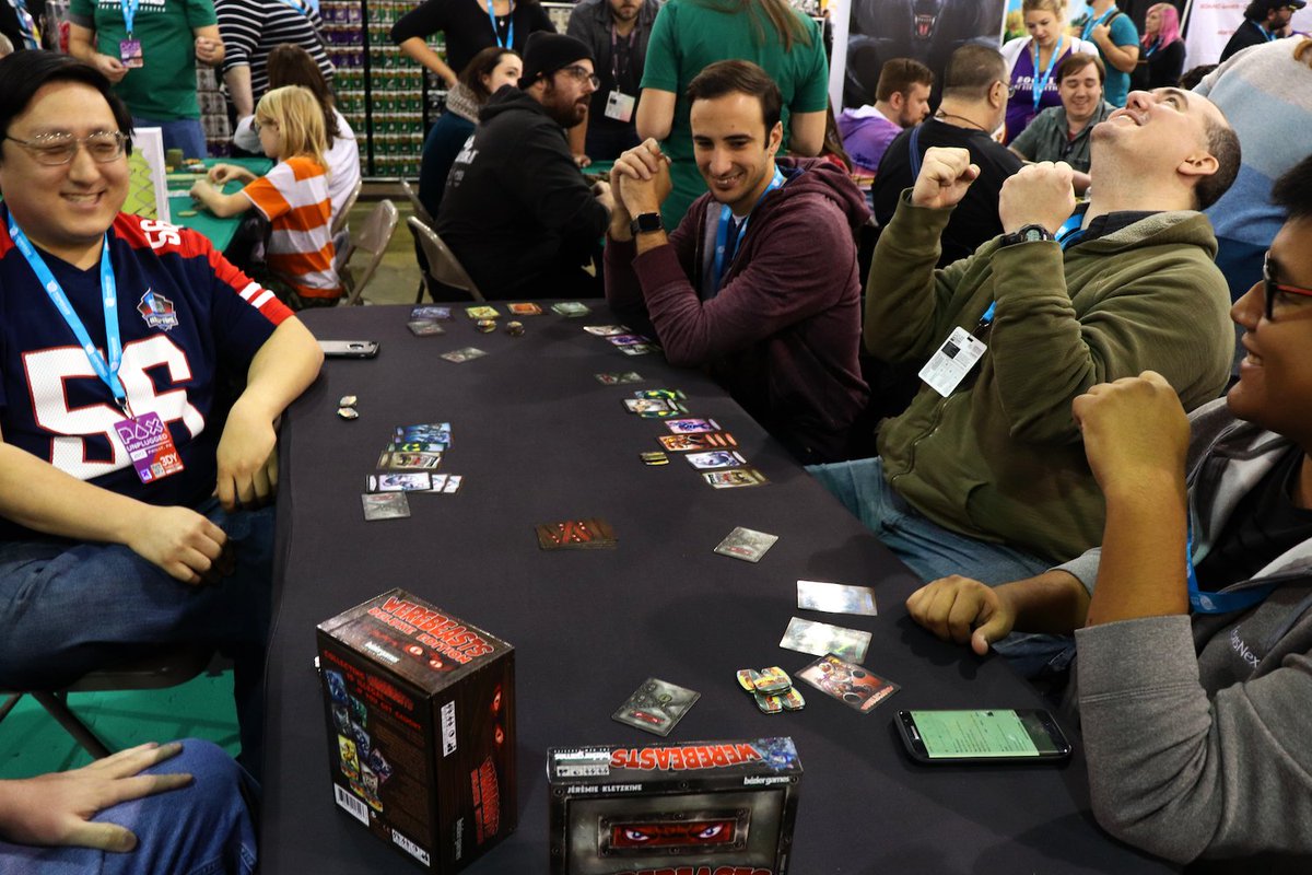 beziergames's tweet photo. A closer look at the very first copy of #Werebeasts! The table was busy at #PAX with everyone trying to outbid and outbluff their friends! https://t.co/sNbUVnKxL0