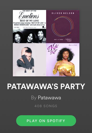 #NewMusicFriday Updates for PATAWAWA'S PARTY! 

@vokesband <a href="/LotusTweets/">Lotus</a> @roistomusic <a href="/bewilderbeast/">bewilderbeast</a> @DiscotronUK <a href="/marcusmarr/">marcus marr</a> <a href="/KeroKeroBonito/">Kero Kero Bonito</a> <a href="/alliex/">allie x</a> <a href="/satinjackets/">Satin Jackets</a> <a href="/BlueLabBeats/">Blue Lab Beats</a> <a href="/ivangough/">Ivan Gough</a> <a href="/vulfpeck/">Vulfpeck</a> <a href="/newtimers/">NEWTIMERS</a> 

Listen/Follow here! - open.spotify.com/user/patawawa/…