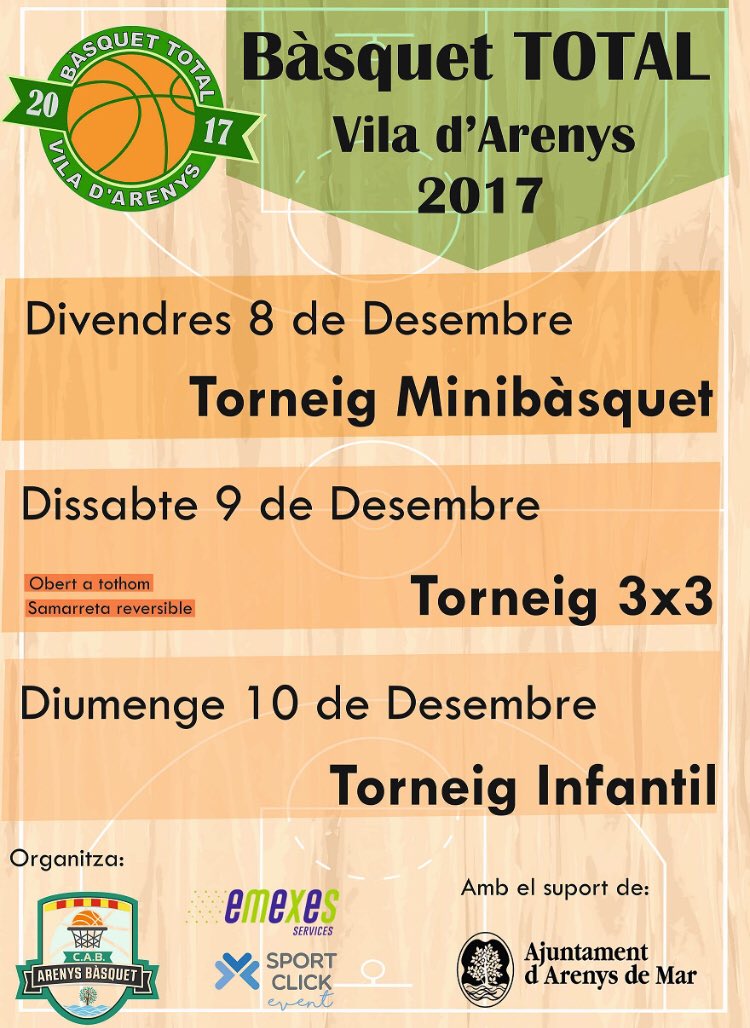 Arenys Bàsquet (@arenysbasquet) on Twitter photo Ja us podeu inscriure al 3x3 del Bàsquet Total del Vila d’Arenys de dissabte 9. <a href="/emexesservices/">Emexes</a> <a href="/tirlliure/">Tir Lliure</a> <a href="/SportClickEvent/">SportClickEvent</a> <a href="/opensportscafe/">Open Sports Cafe</a> <a href="/radioarenys/">Ràdio Arenys</a> #arenysdemar Ja us podeu inscriure al 3x3 del Bàsquet Total del Vila d’Arenys de dissabte 9. <a href="/emexesservices/">Emexes</a> <a href="/tirlliure/">Tir Lliure</a> <a href="/SportClickEvent/">SportClickEvent</a> <a href="/opensportscafe/">Open Sports Cafe</a> <a href="/radioarenys/">Ràdio Arenys</a> #arenysdemar