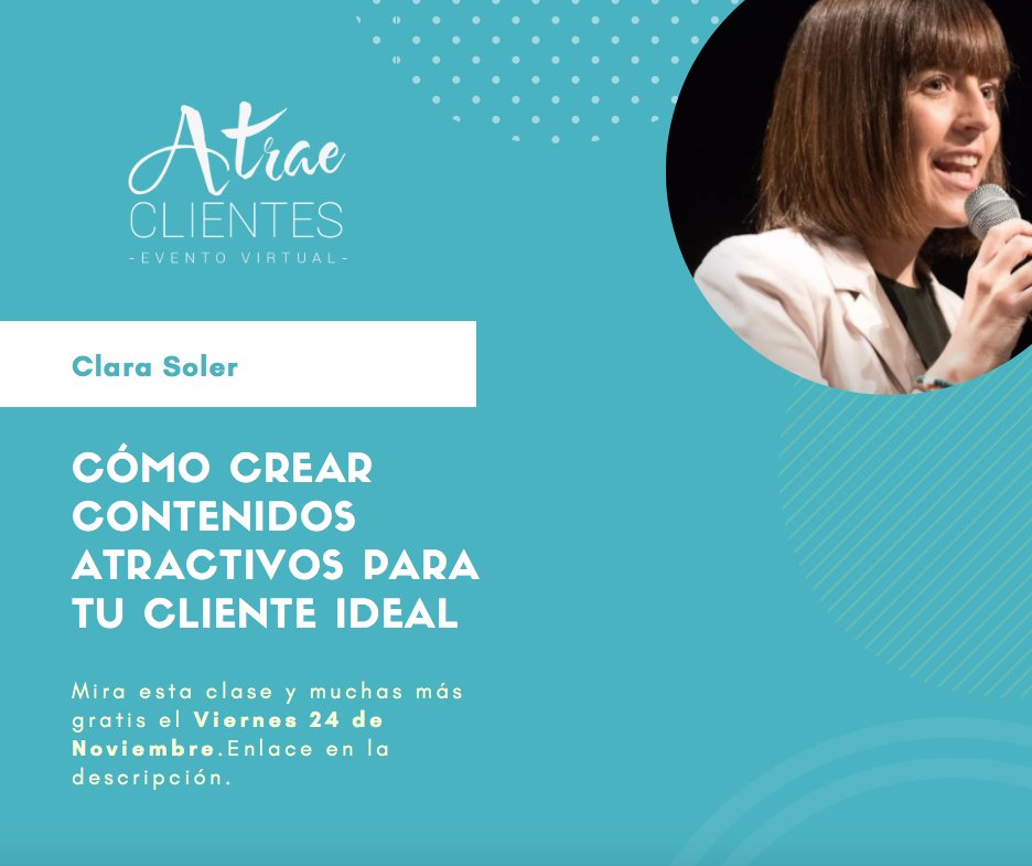 clara_soler's tweet photo. ¡¡Hoy es el día!! Estaré en el Evento online #AtraeClientes. Podéis apuntaros aquí: https://t.co/G08KgmFL5i #Marketing #Contenidos #Kpis #SocialMedia https://t.co/j7UhhNKeX0