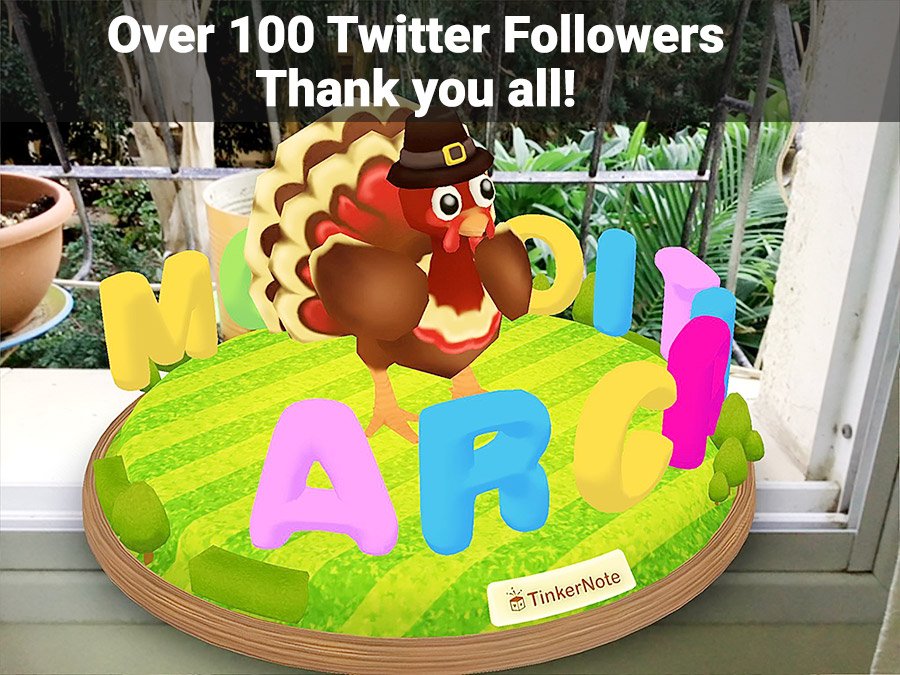 ARCriticCom's tweet photo. Over 100 Twitter followers, THANK YOU ALL and happy Thanksgiving!

#Thanksgiving #madewitharkit #ar #augmentedreality @tinkernote #vr #mixedreality #arkit #ios #android #iphone #iphonex #iPad #apple https://t.co/HZ5x2SUHTD