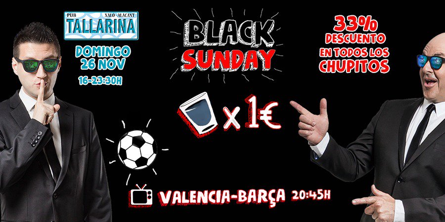 CanTallarina's tweet photo. Este domingo celebramos el Black Sunday Tallarina con descuentos en todos nuestros chupitos del 33%!!! Chupitos a 1€!!!!😜
Te gusta el futbol??? Ponemos el partidazo Valencia-Barça!!!⚽️⚽️⚽️
#SantiBertomeu #AlexWatkinson #Tallarina #Xaló https://t.co/TVlf76WYrN