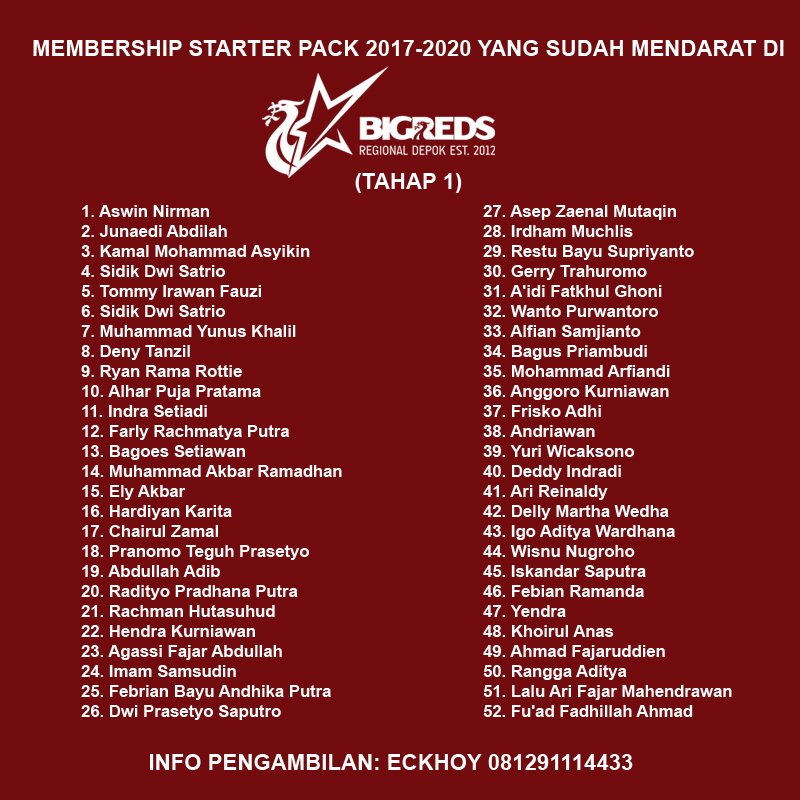 BIGREDS_Depok's tweet photo. MEMBERSHIP STARTERPACK BIGREDS IOLSC 2017-2020 TAHAP 1 DAN 2 SUDAH MENDARAT DI REGIONAL DEPOK
Lihat di daftar, apabila tercantum nama kalian, sila kontak Korwil @eckhoy 081291114433 utk pengambilan saat event Bigreds Depok
* HANYA bg yg sdh mengkontak sj yg SP nya akan dibawakan https://t.co/2GvwF2QAo1