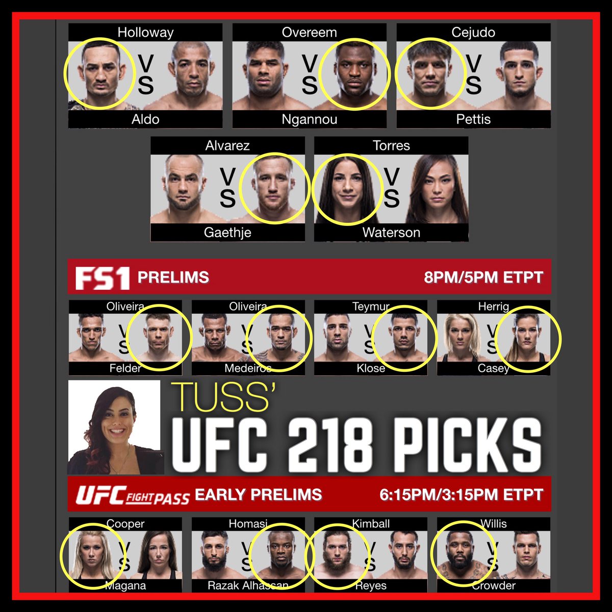 StudShowRadio's tweet photo. Check our #UFC218 picks as announced on episode #206 - “It Is What It Is” below 👇👇👇
@dannymullen @JustinBuchholz @tusqy10 @ElliottMooreMMA https://t.co/AOaePisgAI