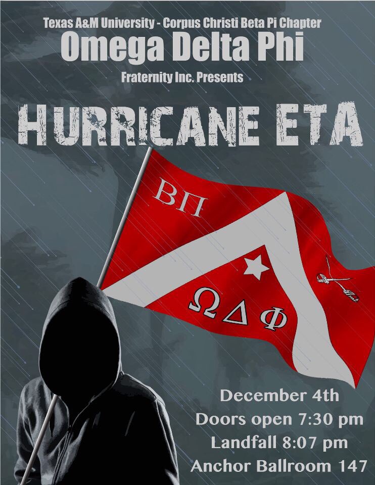 tamucc_MGC's tweet photo. Hurricane Eta is coming...🌬⛈🌊
#newmemberpresentation #ODPhi #donationsarewelcome #hurricanerelief https://t.co/mD1uGz5bLK