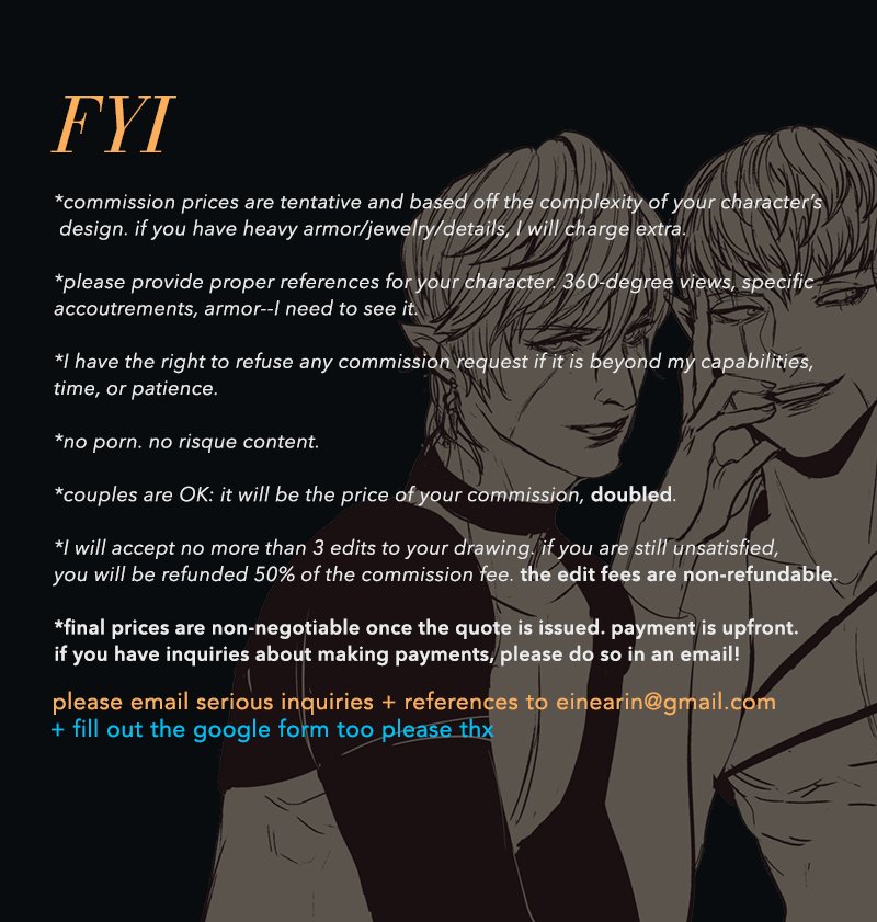 hi! i'm opening ffxiv commissions (details in images) 🌹slots are limited to 4 atm, thanks for looking!💖💋please email me at einearin (at) gmail + fill out the google form for requests!! goo.gl/forms/6CJswOXu…
