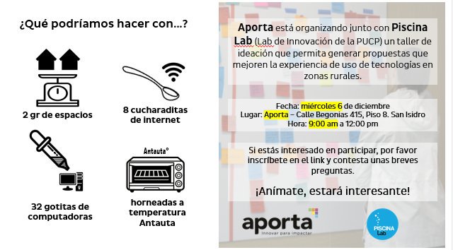 PiscinaLab's tweet photo. ¿Cómo podemos mejorar la experiencia de uso de tecnologías e internet en zonas vulnerables? 
¡Te invitamos a nuestra sesión de ideación este miércoles 6 de diciembre a las 9 am! 
Si deseas asistir inscríbete en este link: https://t.co/ue4YuGZjo3 
¡Te esperamos! https://t.co/YQ0ymehYRp