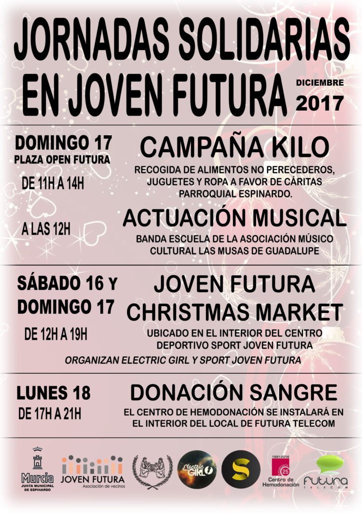 JovenFutura's tweet photo. #JornadasSolidarias en #JovenFutura (Del 16 al 18/12/17). +info: https://t.co/ArS2dUHTVk @JMEspinardo @AytoMurcia @donarsangremu #Navidad #DonaVida https://t.co/K1S9AVkCnO