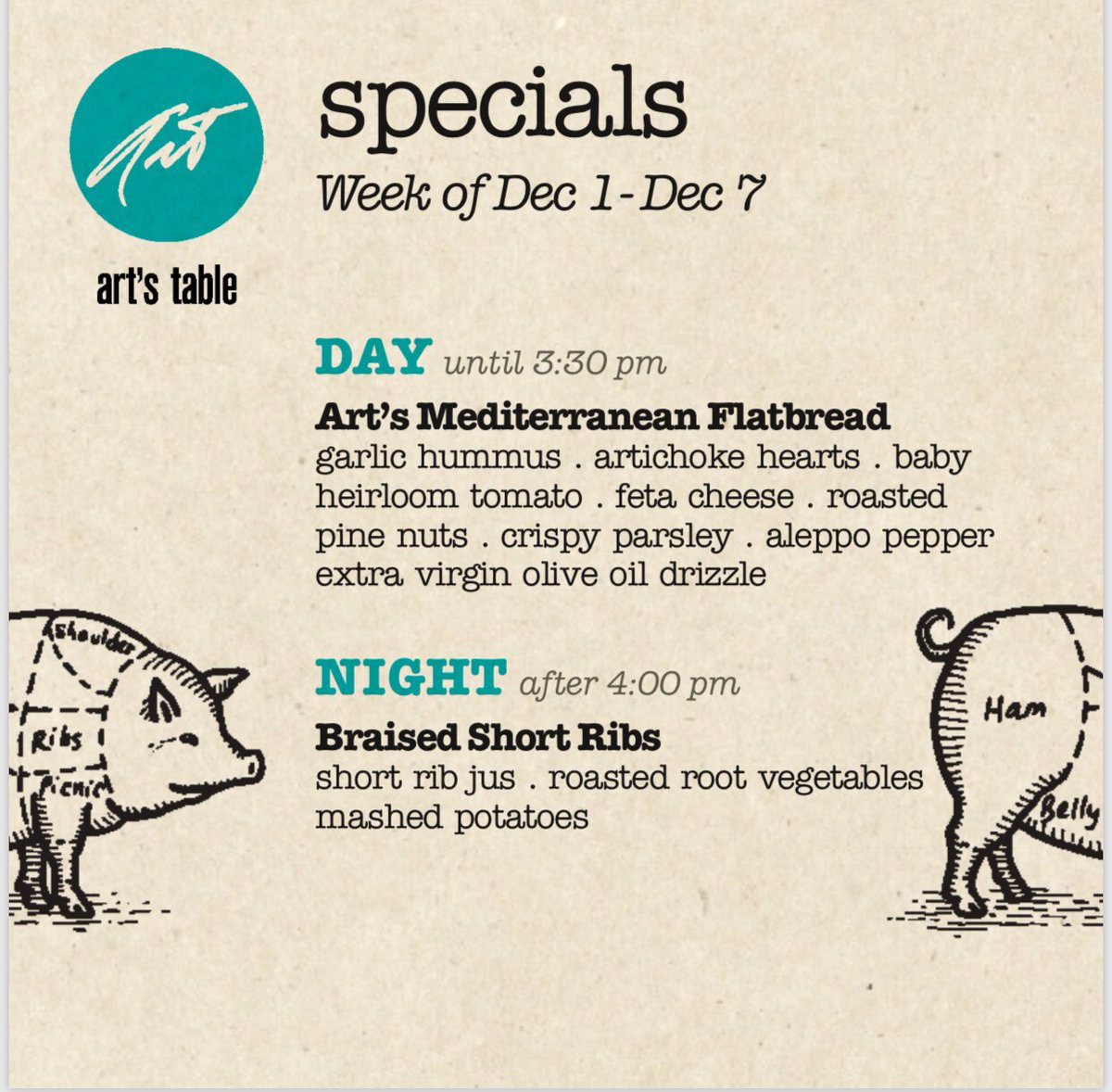 artstablesm's tweet photo. New weekly specials are out! (12/1-12/7)

Lunch: Art’s Mediterranean Flatbread
Dinner: Braised Short Ribs https://t.co/ec0PgIJYMm