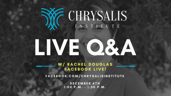 Rachel Douglas, Executive Director of Chrysalis, is doing a Facebook Live Q&amp;A on Monday, Decemeber 4th from 1:00 pm to 1:30 pm!

She will be giving a tour of our new space to give you all the behind-the-scenes scoop!

#chrysalisinstitute #crowdfunding #mindfulness