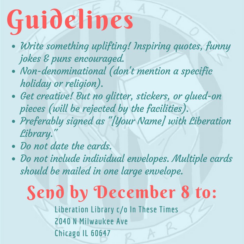 liberationlib's tweet photo. #ICYMI: Our holiday card deadline has been extended to Dec 8! You have an extra week to make cards that will brighten the day of youth locked behind bars this holiday season. #liblibcards https://t.co/7JmeY1Pmce