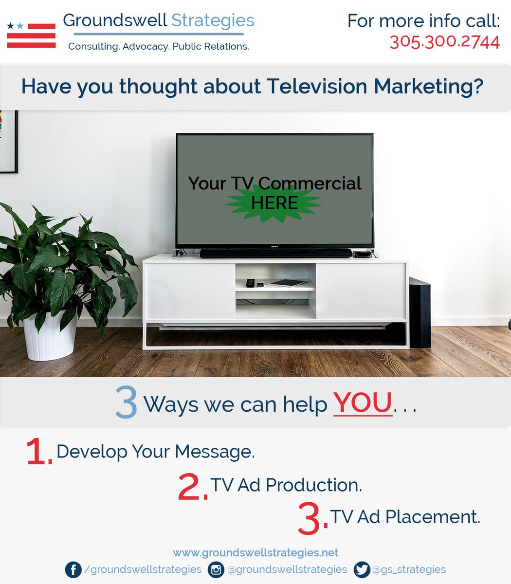 GS_Strategies's tweet photo. Have you thought about TV marketing? 📺 #Marketing #PR #BusinessDevelopment #Consulting #Media #Business #BusinessOwner #Networking #Miami #Florida #USA #Advertising #CoralGables #Local #SmallBusiness #television #tv #tvcommercial #commercial #friyay https://t.co/0aWmFwBYXp