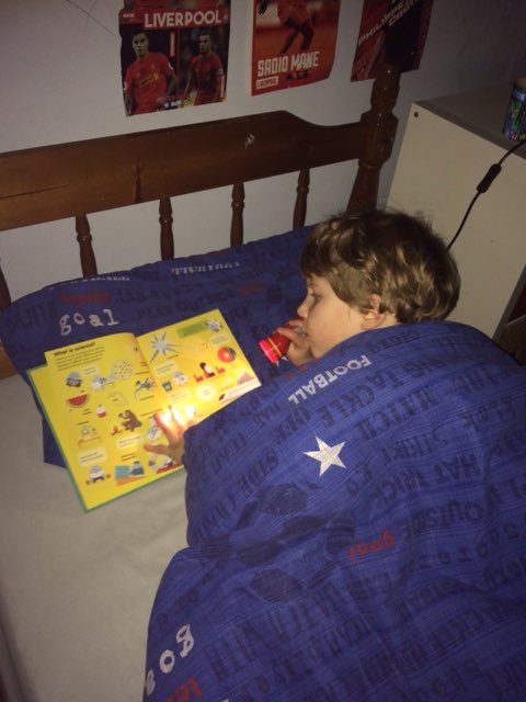 WBurghPrimary's tweet photo. Gordon taking part in his #BookDares Brilliant effort Gordon #WillybugsRead #BookWeekScot Read a book by torchlight and making a comic book https://t.co/yfuSTbMJbC