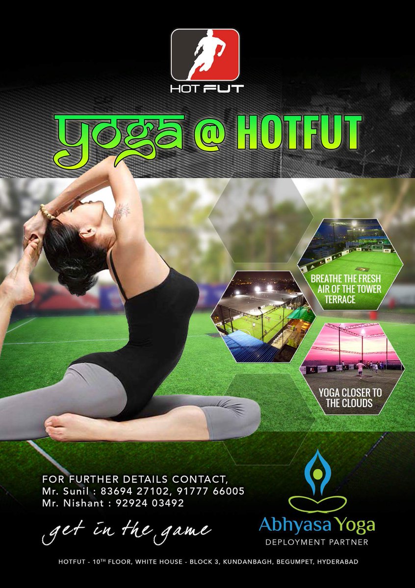 HotFutHyd's tweet photo. We're thrilled to announce that Abhyasa Yoga is now setup at #Hotfut.

#Yoga sessions will be conducted by Bhupendra Kumar Sagar at our #sportsarena, on the #rooftop, 10 floors up.

Avail free trial classes with your friends and family. 

#hyderabad #secunderabad #fitness #turf https://t.co/cUy4lbHBqL