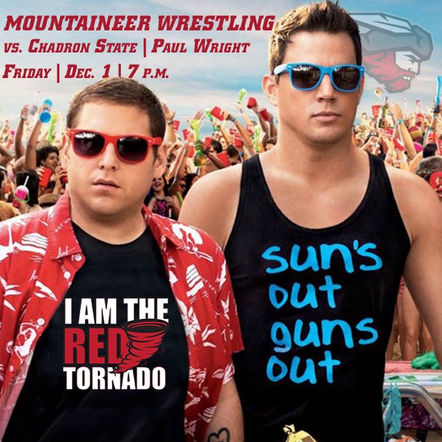 WCUMountaineers's tweet photo. Sun's Out, Guns Out! @wscuwrestling hosts Chadron State tonight at 7 p.m. in Paul Wright Gym. Follow all the action live online 📊: https://t.co/NoMeNSkYgV 📺: https://t.co/MzI5Z4xguz #WesternIsComing #MountUp #RMACwrest https://t.co/d8WLTDrdVx