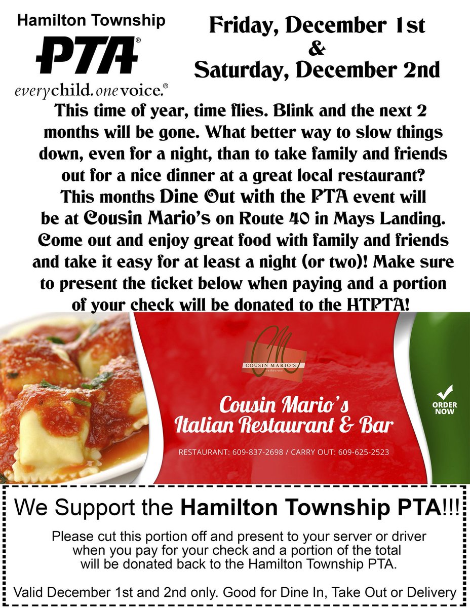 htsdpta's tweet photo. Dine Out with PTA tonight and/or tomorriw at Cousin Mario's. See attached. https://t.co/7dYvGkMYmo