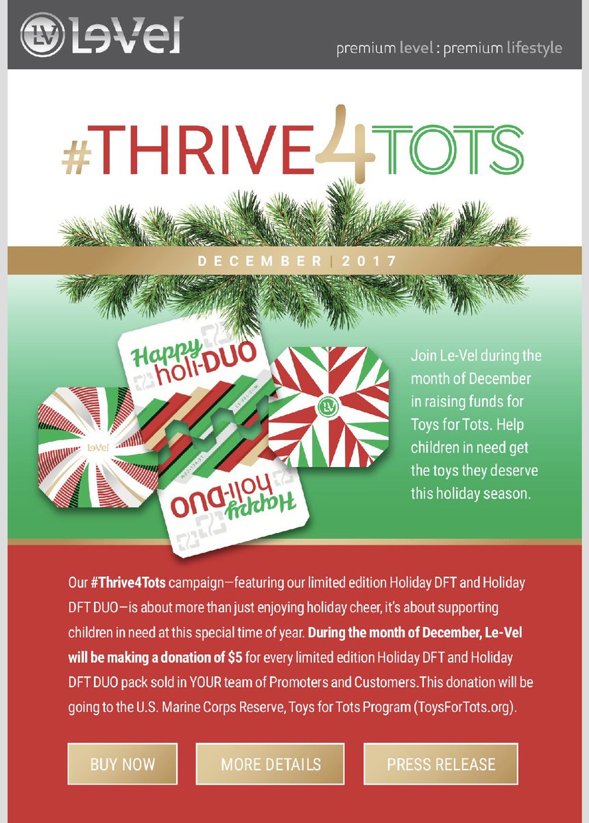 StacyHardney's tweet photo. I am so blessed to be a part of a company that is continually giving back!! For every holiday #dft or #dftDuo purchased in December, Le-Vel will donate $5 to toys for tots! You can purchase yours here https://t.co/iSlXLKZRkd #Thrive4Tots #joinme #thriversgiveback https://t.co/NFbH7PNg2n