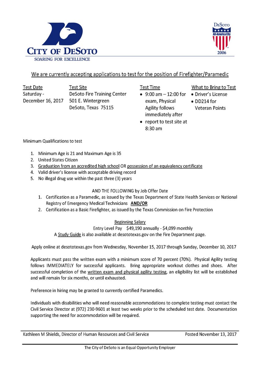 DeSoto Fire Rescue on Twitter: "Deadline to register for the entrance exam for firefighter/paramedic is December 10th!… "