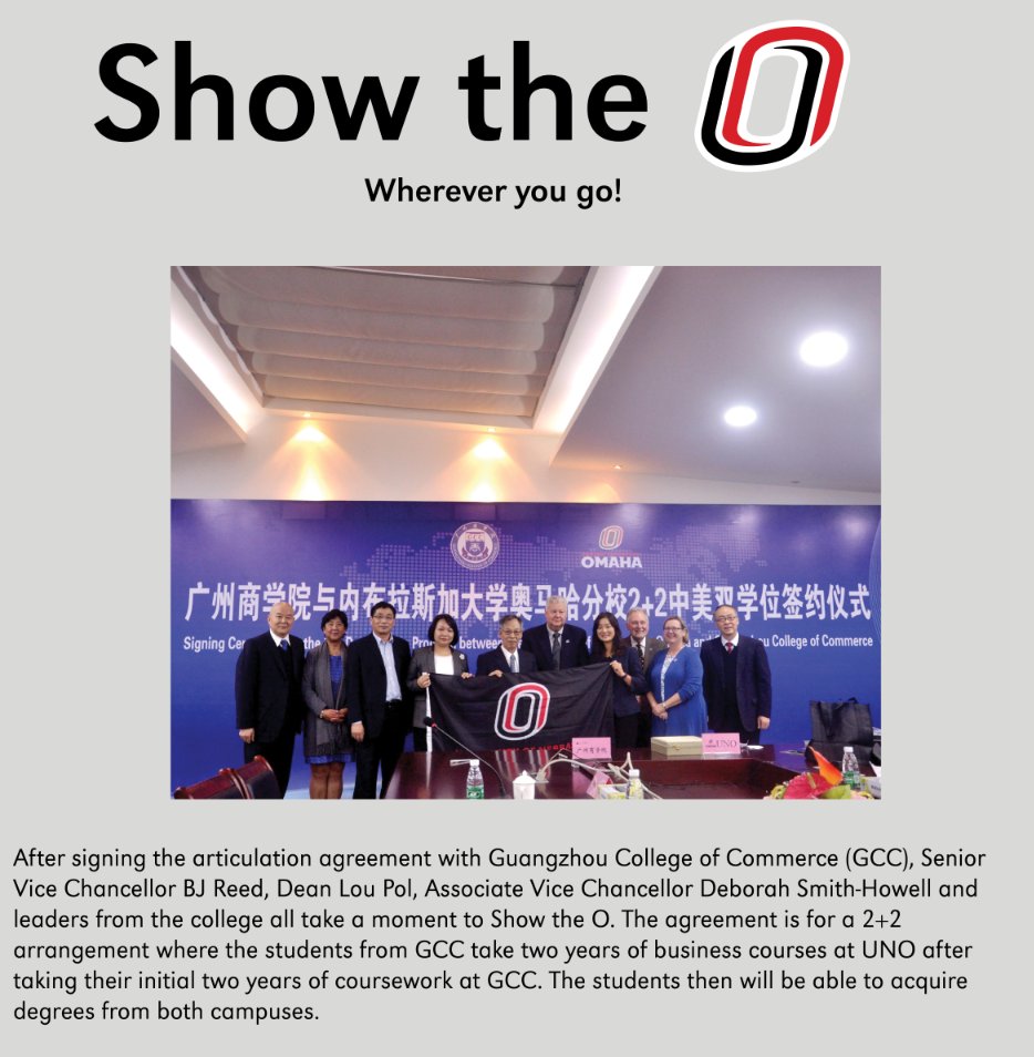 Leaders from UNO all take a moment to Show the O after signing the articulation agreement with Guangzhou College of Commerce! #ShowTheO