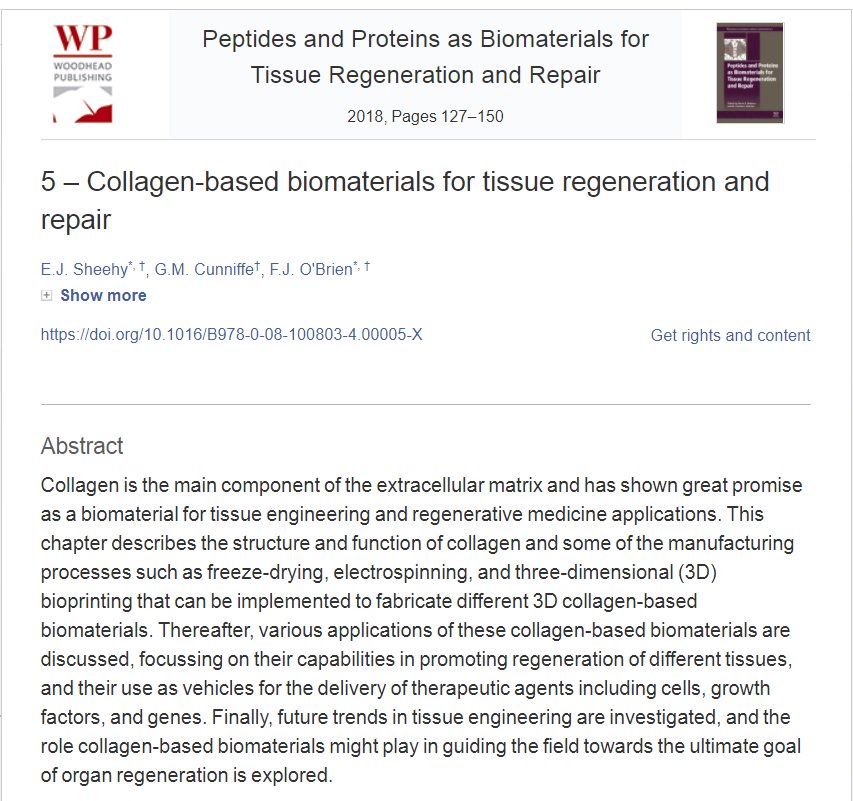 Recent book chapter on collagen-based biomaterials for tissue regeneration authored by myself, <a href="/cunniffg/">Grainne Cunniffe</a> and <a href="/fjobrien/">Prof. Fergal O'Brien</a> and published by <a href="/ElsevierConnect/">Elsevier</a> now online 😀. <a href="/TissueEngDublin/">RCSI TERG</a> @TCDBioengineer #tissueengineering  sciencedirect.com/science/articl…