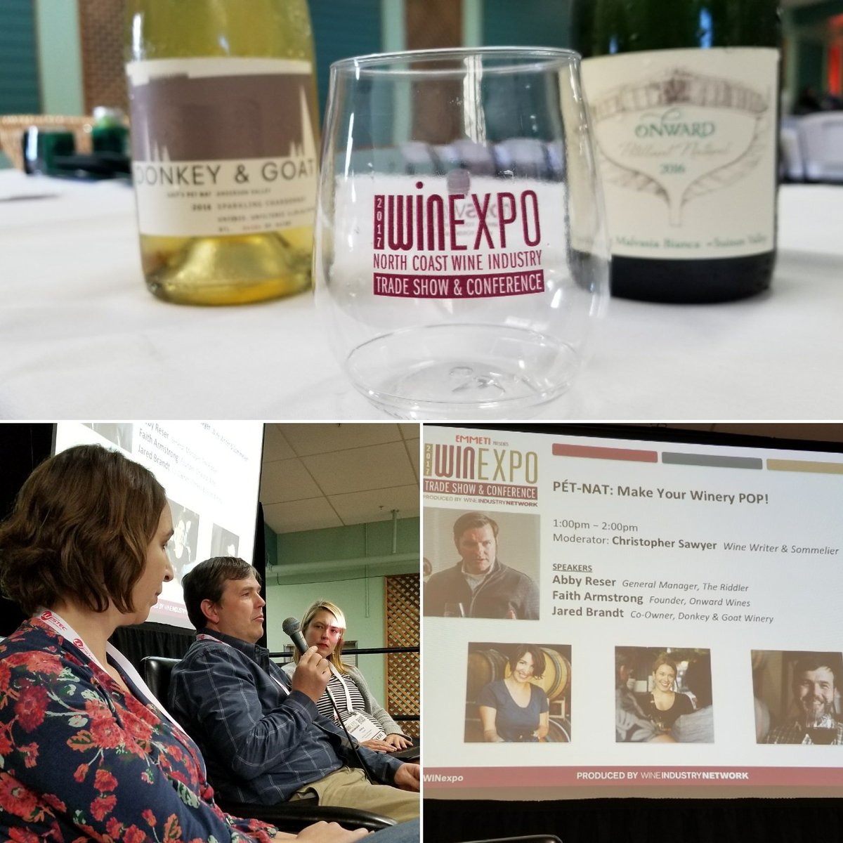 SawyerSommelier's tweet photo. #FunFizzyFriday pics from our hip #WINExpo panel focused on sparkling #PetillantNatural gems made by #DonkeyandGoat & #OnwardWines + insight on the growing appeal of #PetNat w/ Abby Resner of #TheRiddlerSF !! #SawyerSomm #SonomaChat #CAWineStrong #letsdrinkthis @FeastitForward https://t.co/rAiTYbm0fP