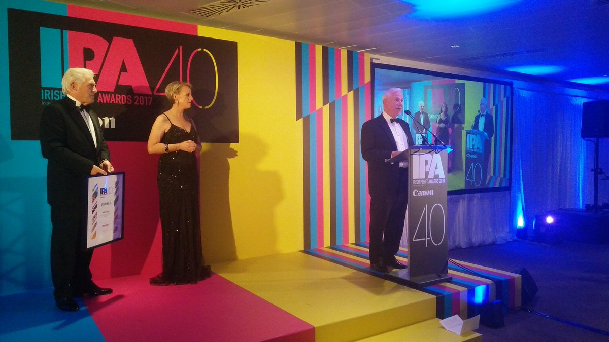 PrintAwards's tweet photo. The Lifetime Achievement Award sponsored by #IrishPrinter goes to Derek Bell from @GPSColour #PrintAwards17 https://t.co/L5szF6eR5q