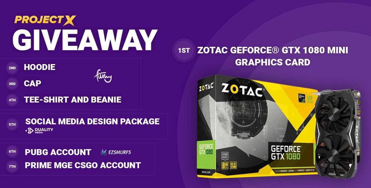 Projectxgg's tweet photo. We are giving away a @ZOTAC_UK GeForce® GTX 1080 Mini Graphics Card bought from @NovatechLtd , We are also giving away packages from @DualityMedia @filthycandy 
and @EZ_SMURFS , Please like Retweet and enter using the link below! Good luck
https://t.co/f3WTDu4UGI https://t.co/8t9FbJauXc