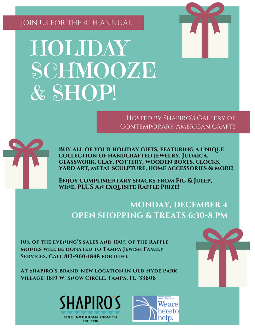TJFSTampa's tweet photo. On Monday, we'll be shopping, sipping and schmoozing at SHAPIRO'S Gallery ! This is a fun event and a portion of proceeds goes to TJFS.  

This year, we will have delicious snacks provided by Fig &amp; Julep Hyde Park Tampa! Thanks, Fig &amp; Julep!

Can't wait to see you there! https://t.co/rMsG25XjgM