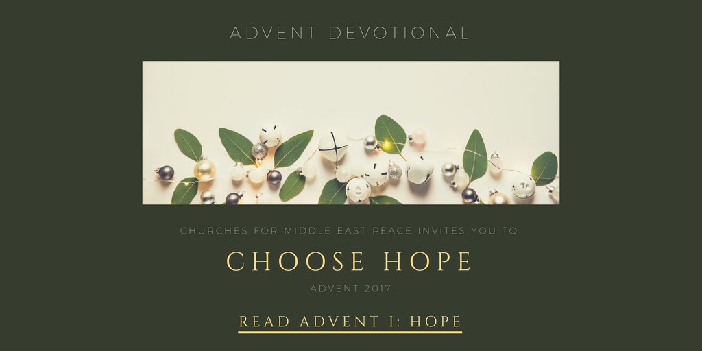 ChurchesforMEP's tweet photo. Churches for Middle East Peace invites you to Choose Hope this #Advent. To Choose Hope is to recognize truth, and actively hope toward peace and work toward justice. Read more at https://t.co/daxqEMXZiN #CMEPAdvent #CMEPHope #ChooseHope2017 https://t.co/V7AI7NM7kY
