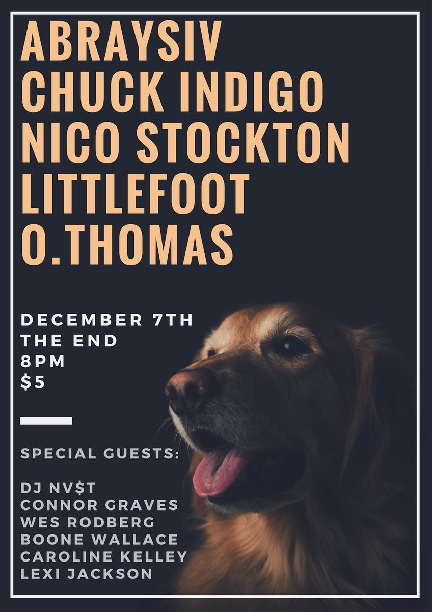 DECEMBER 7TH <a href="/EndNashville/">The End</a> <a href="/Abraysiv/">Abraysiv</a> @OwenStuart95 <a href="/LittlefootNate/">Foot</a> 8PM for $5
#hiphop #rap #nashville #tn #music #rapmusic #live #livemusic