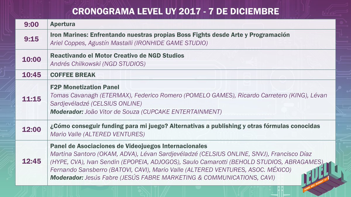 LEVEL_UY's tweet photo. ¡Ya disponible el cronograma de las charlas y paneles del día 7 en #LEVELUY2017, tendremos traducción EN->ES! Ven a conocer a los mejores profesionales de LATAM y el mundo!
¡Inscríbete en los workshops+matchmaking en: https://t.co/llrCyuhMu4 !
#gamedev #indiedev #indiedevhour https://t.co/T7b0n8p0vK