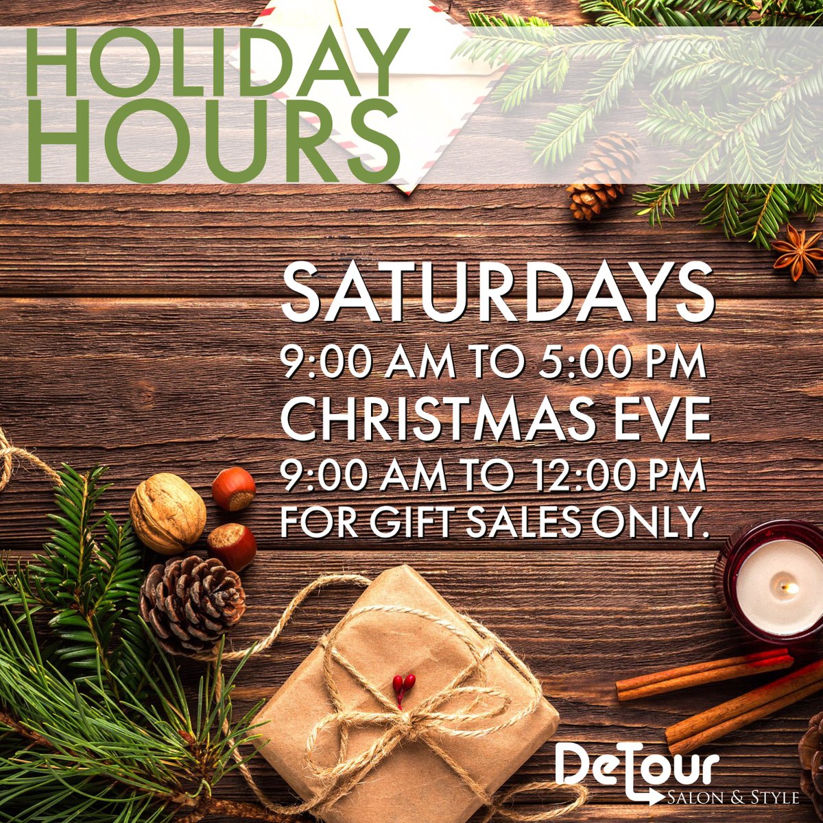 Detour_SS's tweet photo. December is here! That means Christmas is just around the corner and holiday shopping is ON! It also means our holiday hours are here, please note this slight change to our schedule! Call us today to get an appointment before the new year! 765.400.5323 #takeadetour #holidayhours https://t.co/FrgpLdg8t6
