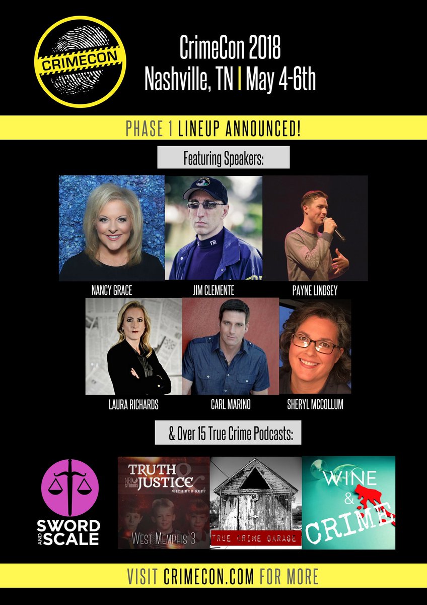 CrimeCon's tweet photo. CHECK US OUT! 

A sneak peek at the start of the CC18 lineup is now up on the #CrimeCon website! Head to https://t.co/O5eqtNmliU for the full list of first round guests &amp; podcasters. So much more to come!! 

#CrimeCon2018 https://t.co/ci2L1EH9jF