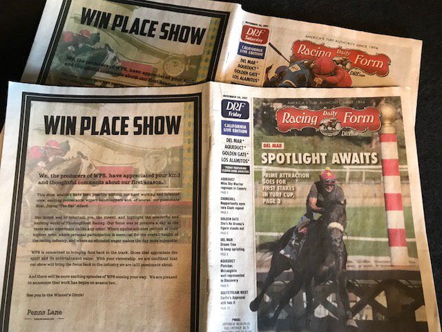 AfterFinishLine's tweet photo. Today's Daily Racing Form...The @WinPlaceShowTV Producers appreciated your viewership of our 1st season. TY to our crew, contestants, handicappers &amp; Host, Jimmy "The Hat" Allard. Our intent was to entertain, educate &amp; bring fans back to the track. Work has begun for season two. https://t.co/deo9AMMAqf