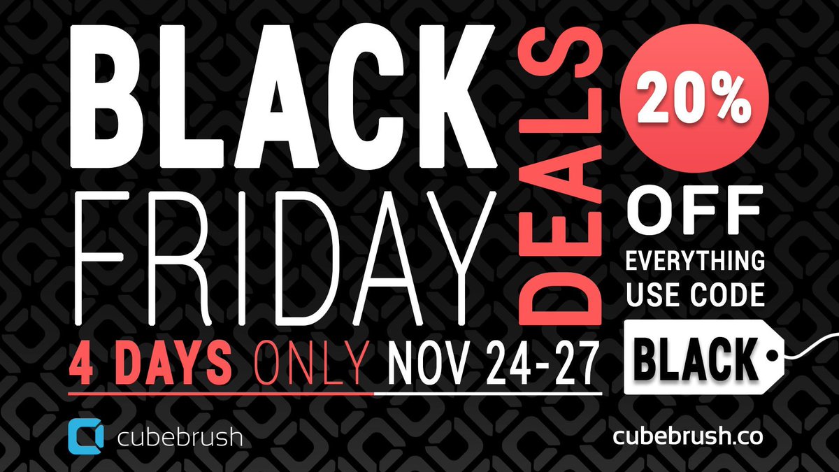Cubebrush's tweet photo. 🛒💰It's almost Black Friday! 20% off EVERYTHING at Cubebrush including sale items begins at 12am Friday! Happy Holidays! 🦃🍴🍁 https://t.co/xqk4FuzR9o