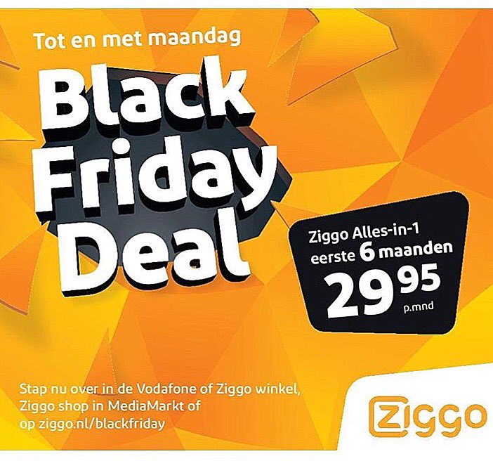 #BlackFridayDeal van #Ziggo! Stap t/m maandag over en je ontvangt de eerste 6 maanden Ziggo alles-in-1 voor maar €29,95 per maand 👏🏻