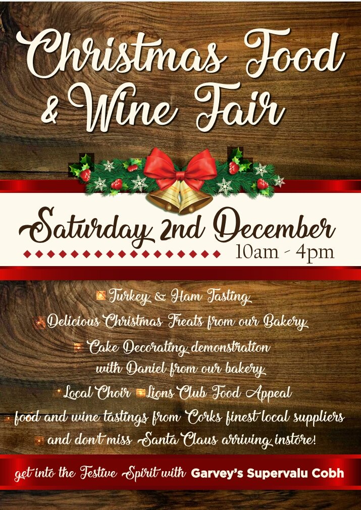GarveysSV_Cobh's tweet photo. Join us on Saturday 2nd December for our Annual Christmas Food &amp; Wine Fair. We will be joined by some of Corks Finest local Suppliers on the day🎄🎅🎄🎅 Choir / Santa Claus / Cake decoration &amp; many more fantastic events on the day #foodfair #localsuppliers https://t.co/9vEi6L24Vl