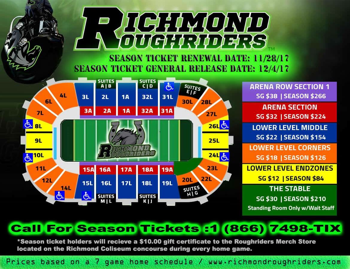 WVRoughriders's tweet photo. The Richmond Roughriders Release Season Ticket Info! Season Ticket Renewal Starts 11/28! General Public Season tix start 12/4! 🏈 🏆 1-866-7498-TIX @MarvinJonesNewz @MarvinJonesJets @LWOS_IndoorFB @ArenaBallTalk @inside_arena @AALFootball https://t.co/2JObHxsrfJ