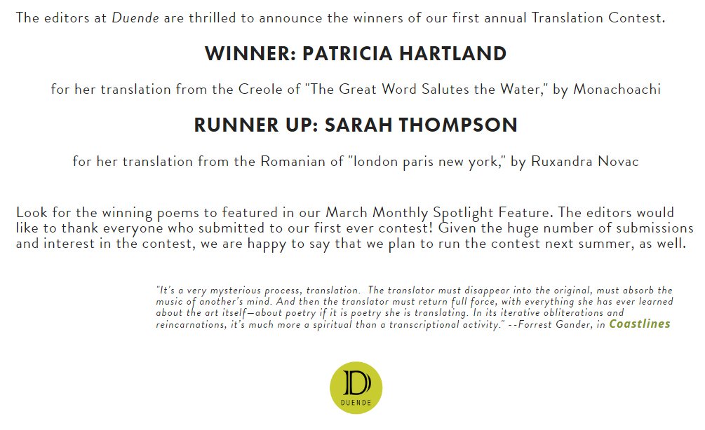 DuendeLiterary's tweet photo. Congratulations to our Translation Contest winners! PATRICIA HARTLAND for her translation of "The Great Word Salutes the Water," by Monachoachi SARAH THOMPSON for her translation of "london paris new york," by Ruxandra Novac! #translationcontest #Contest https://t.co/JqydJI7wrr https://t.co/BvqzeKuNjQ