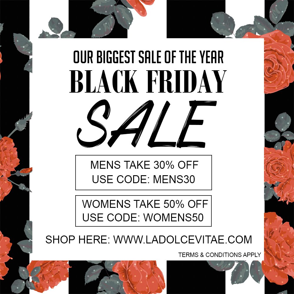 LaDolceVitae's tweet photo. 🚨 ALERT 🚨  BLACK FRIDAY SALE GOING ON NOW AND UNTIL SUNDAY NOV 26TH. USE CODE: MENS30 FOR 30% AND WOMENS50 FOR 50% OFF Visit the link here
https://t.co/qOmyBmUdb9 + FREE SHIPPING! https://t.co/TF9O3knpPT