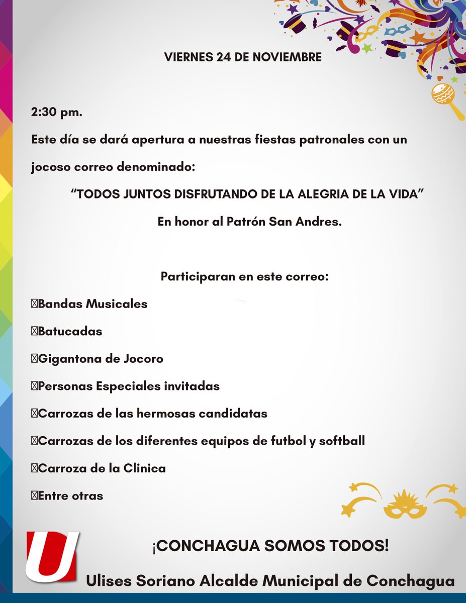Todos invitado al inicio de las Fiestas Patronales de Cantón El Pilón. En familia y amigos podrán disfrutar del colorido recorrido por las principales, con la participación de diferentes artistas, batucada y las hermosas candidatas a reina 2017-2018.
