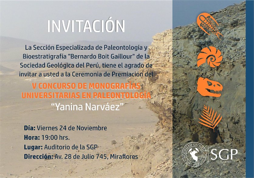 SocGeoPeru's tweet photo. #HOY viernes 24 de noviembre, será la Ceremonia de Premiación del V #Concurso de Monografías Universitarias en #Paleontología "Yanina Narváez".
Los esperamos en el auditorio de la SGP a las 7:00 PM
#IngresoLibre https://t.co/MI4dwtbe5e