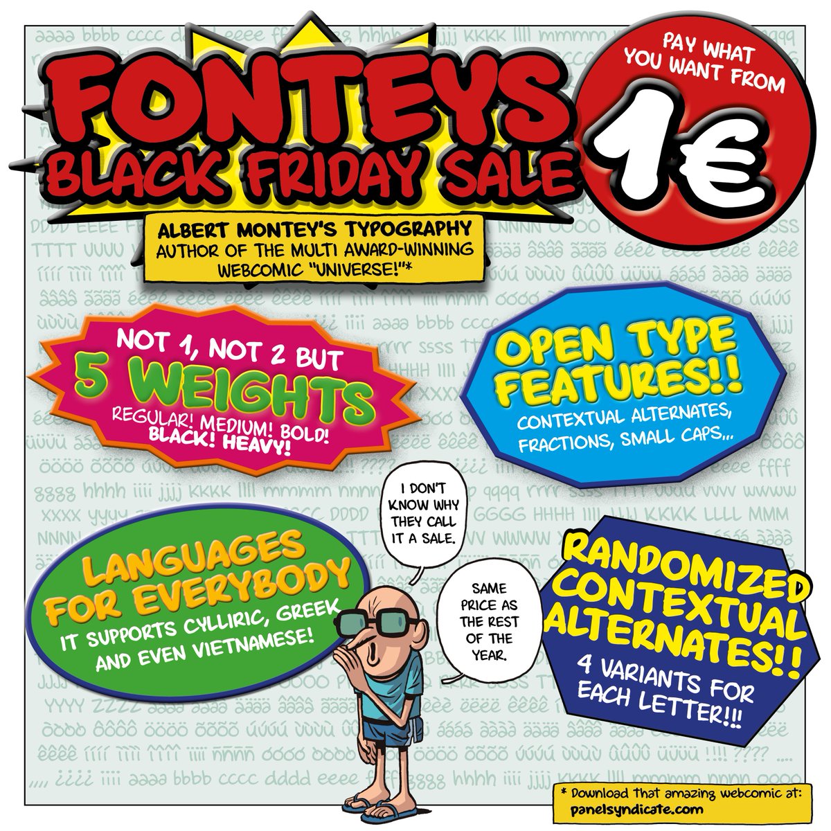 FandoFonts's tweet photo. Big sales at FandoFonts for Black Friday!!
The Fonteys, @AlbertMonteys's font, from just 1€!!
#typographysale #comicbookfont #typography #comictypography #ramdomalternates #blackfriday
P.S.: We know, it's the same price as the rest of the year 😅 https://t.co/376AgAHBLA