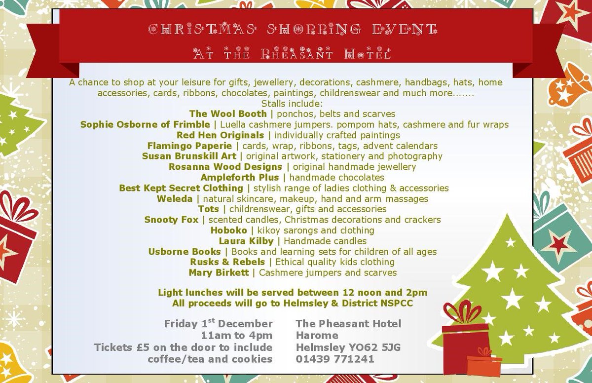 Pheasant_Harome's tweet photo. One week to go till our NSPCC Xmas Shopping Event on Fri 1st Dec 11am - 4pm Lots of lovely stalls. £5 entry. Light lunches served in lounge and bar. https://t.co/AN3kxQqaHa