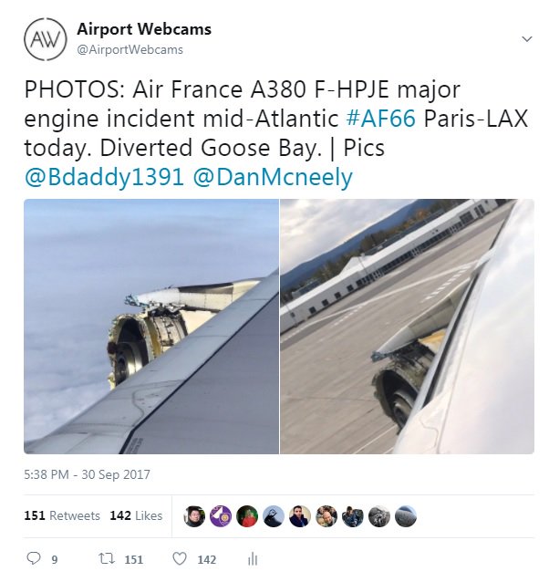 AirportWebcams's tweet image. LIVE: Antonov An-124 UR-82008 descending into Goose Bay from Paris with replacement engine for @airfrance A380 F-HPJE (emergency landing there as #AF66 on 30/9). It will then ferry the damaged engine to East Midlands for inspection. flightradar24.com/ADB2291/fa08a24